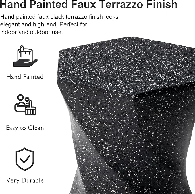Glitzhome Outdoor Side Table Set of 2, 17.75" H Decorative Garden Stool MGO Twist Faux Terrazzo End Table, Round Planter Stand for Indoor Outdoor Living Room Bedroom Patio Deck Poolside, Black