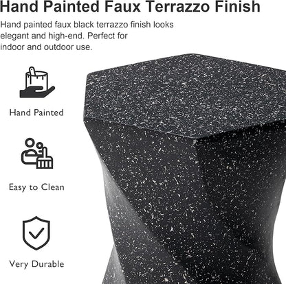 Glitzhome Outdoor Side Table Set of 2, 17.75" H Decorative Garden Stool MGO Twist Faux Terrazzo End Table, Round Planter Stand for Indoor Outdoor Living Room Bedroom Patio Deck Poolside, Black