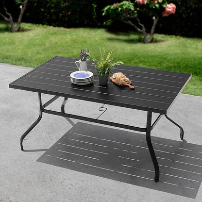 NUU GARDEN Outdoor 61" x 37" Rectangle Dining Table with 1.57" Umbrella Hole, 6-Person Steel Slat Outdoor Patio Table, for Patio, Garden, Backyard and Balcony, Black