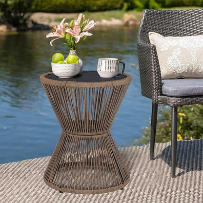 SUNNYPARK Outdoor Side Table 20'' H Small End Tables Woven Rope Weather Resistant with Glass Top Round Coffee Table for Indoor Balcony Patio Poolside (Brown)