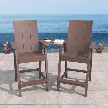 Tall Adirondack Chair Set of 2, HDPE Balcony Chairs with Connecting Tray, Two Cup Holders, All-Weather Adirondack Bar Stools for Patio, Balcony, Backyard, Poolside, Coffee