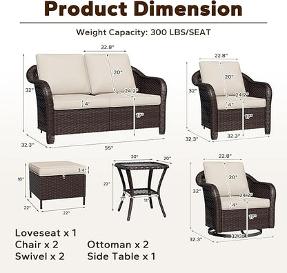 8 Piece Patio Wicker Conversation Set, All-Weather Use Outdoor Wicker Loveseat with 2 PE Rattan Ottomans,2 Chair, 2 Swivel Chair, 1 Side Table, Ideal for Porch, Backyard, Balcony, Poolside, Beige