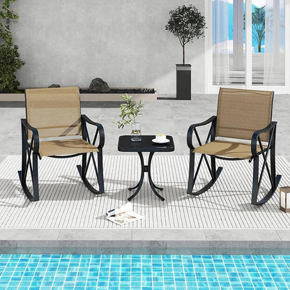 Tangkula 3 Piece Patio Rocking Set, 2 Rocking Chairs with Tempered Glass Side Table, Small Patio Furniture Set with Smooth Rocking Motion, Outdoor Rocker Chairs Bistro Set for Porch, Balcony (Brown)