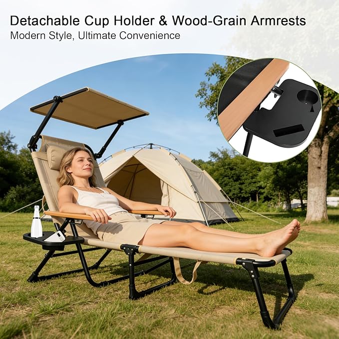 Folding Lounge Chairs for Outside, Beach Patio Lounge Chair with Canopy, Sunbathing/Tanning Chair with 4 Adjustable Backrest & Cup & Pillow,Holds 330 Lb, Outdoor Garden Pool