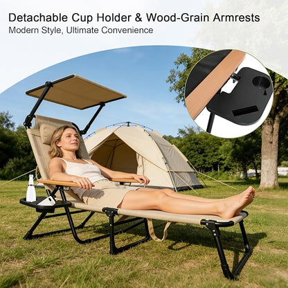 Folding Lounge Chairs for Outside, Beach Patio Lounge Chair with Canopy, Sunbathing/Tanning Chair with 4 Adjustable Backrest & Cup & Pillow,Holds 330 Lb, Outdoor Garden Pool