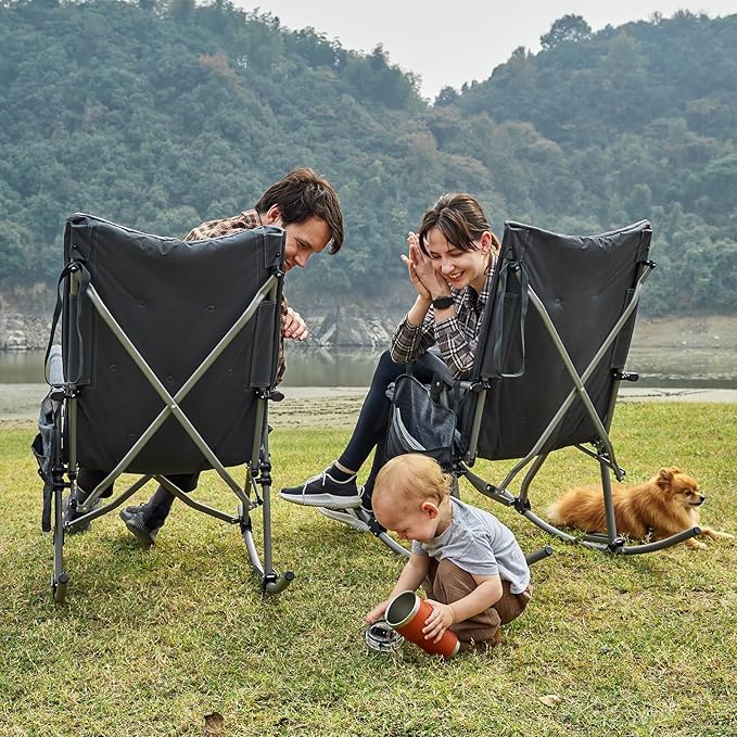EVER ADVANCED Oversized Folding Rocking Camping Chairs Set of 2, Padded Portable Rocker Chair for Patio, Lawn and Outdoors, Heavy Duty Hard Armchair for Adults Supports 400lbs, Grey
