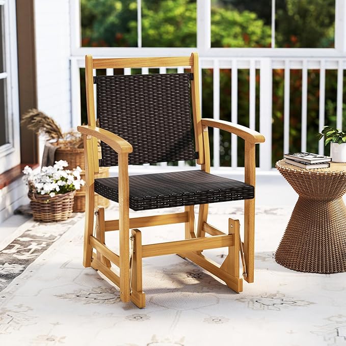 HAPPYGRILL Outdoor Glider Chair Acacia Wood Porch Glider with Rattan Seat and Backrest, Swing Rocking Armchair for Patio - Photo 4