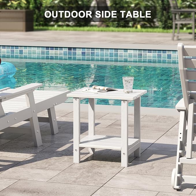 2 Tier Outdoor Side Table with Wood-Like Grain, 16.6" HDPE Adirondack Table Patio Side Table, Weather Resistant End Table for Pool, Patio & Porch, Small Outdoor Table (White, Rectangle)