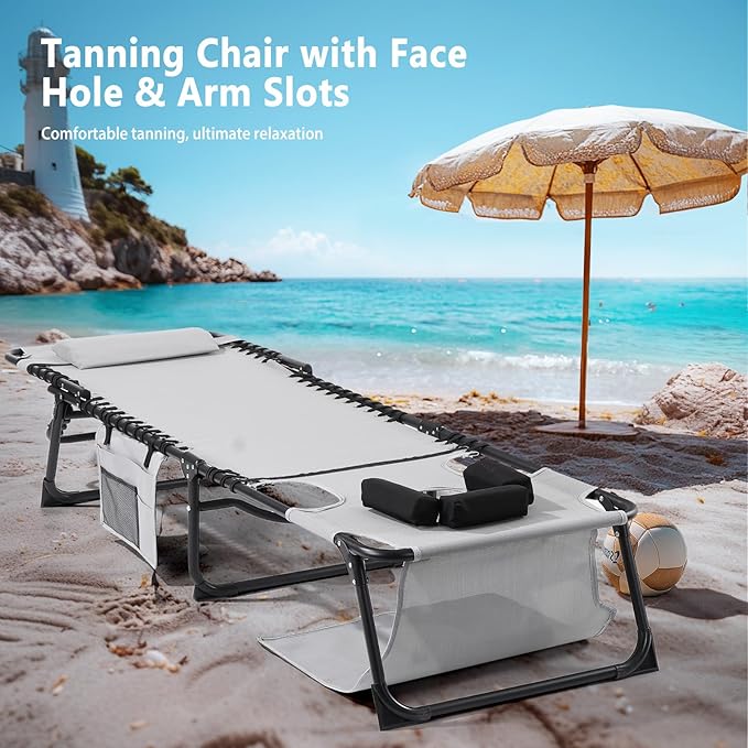 Unovivy Tanning Chairs with Face Hole Set of 2, Teslin Folding Outdoor Lounge Chair with 5-Position Reclining Back for Sunbathing, Pool, Patio, Camping
