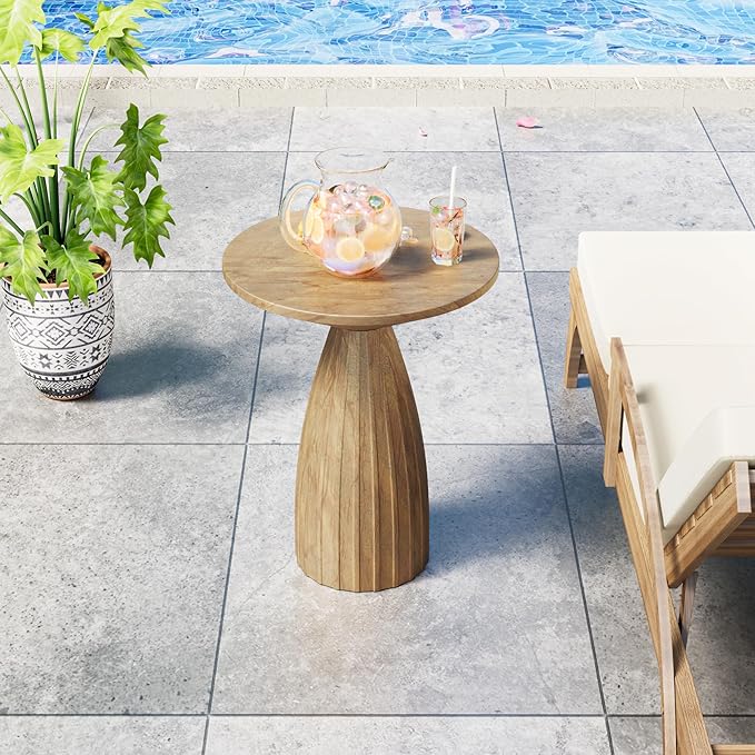 Round Small Patio Side Table Set of 2, Patio Furniture Accent End Table, Metal Steel Outdoor Side Table, for Garden, Pool, Yard, Balcony, Living Room, Deck, Weather Resistant, No Assembly, Wood Color