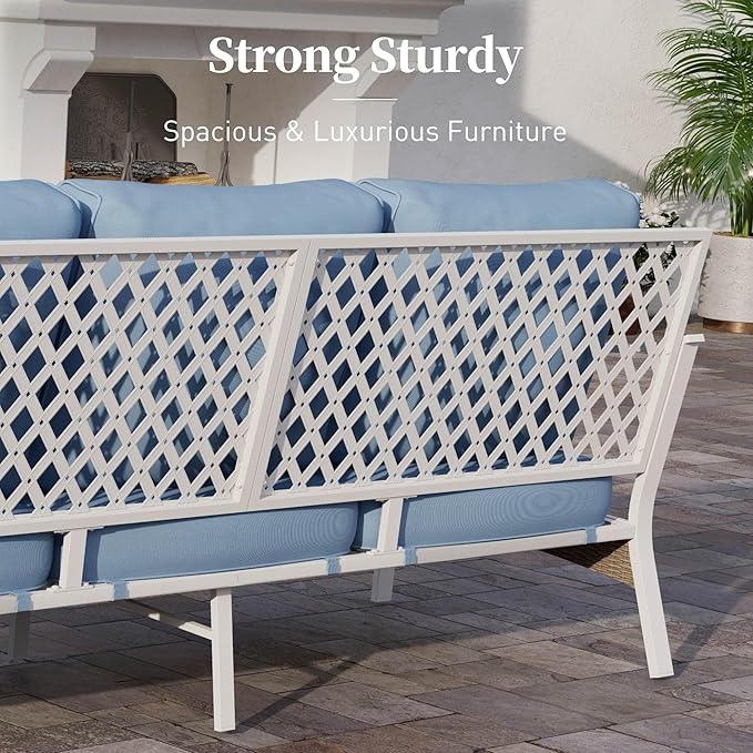 Metal Patio Furniture Loveseat Sofa with 5.75" Extra Thick Waterproof Cushion, 2-Seater Deep Seating & High-Back White Outdoor Couch All Weather Outdoor Seating for Gazebo Porch, Blue