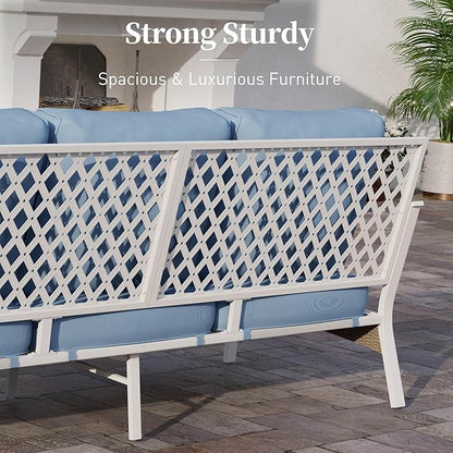 Metal Patio Furniture Loveseat Sofa with 5.75" Extra Thick Waterproof Cushion, 2-Seater Deep Seating & High-Back White Outdoor Couch All Weather Outdoor Seating for Gazebo Porch, Blue