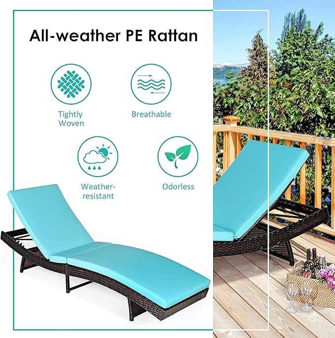 BETTARY Outdoor Folding Chaise Lounge, Rattan Patio Lounge Chair w/Removable Soft Cushion, 5 Adjustable Levels, Reclining Wicker Sunbed for Garden/Poolside/Balcony (1, Turquoise)