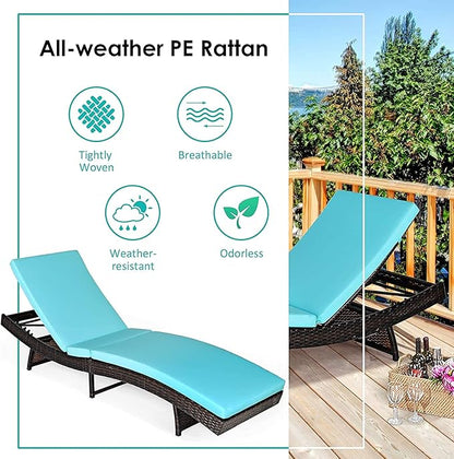 BETTARY Outdoor Folding Chaise Lounge, Rattan Patio Lounge Chair w/Removable Soft Cushion, 5 Adjustable Levels, Reclining Wicker Sunbed for Garden/Poolside/Balcony (1, Turquoise)