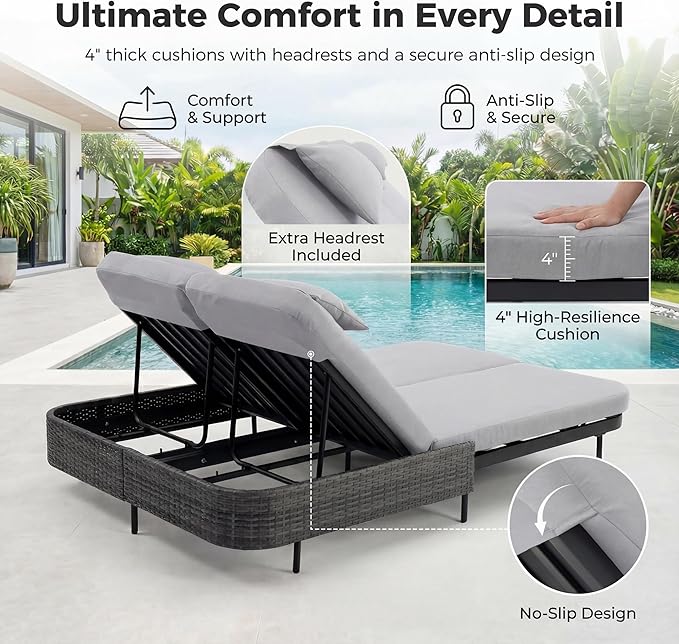 BULEXYARD 51.2" Double Chaise Lounge Outdoor, 2-Person PE Wicker Patio Daybed with Dual 5-Position Adjustable Backrest - Photo 6