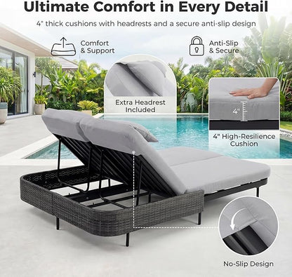 BULEXYARD 51.2" Double Chaise Lounge Outdoor, 2-Person PE Wicker Patio Daybed with Dual 5-Position Adjustable Backrest, Duty Outside Furniture with Thick Cushions for Porch Poolside Garden