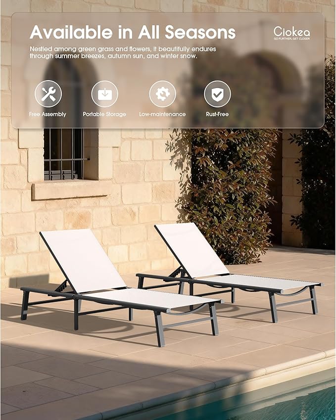 Ciokea Foldable Outdoor Lounge Chair, No Assembly Patio Chaise Lounge Outdoor with 5-Positions, Aluminum Pool Lounge Chair with Portable Design for Pool, Beach, Deck, Backyard, White