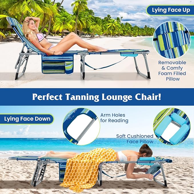 Tangkula Tanning Chair, Outdoor Folding Beach Lounge Chair with Face Hole, Adjustable Footrest, Removable Pillow - Photo 4