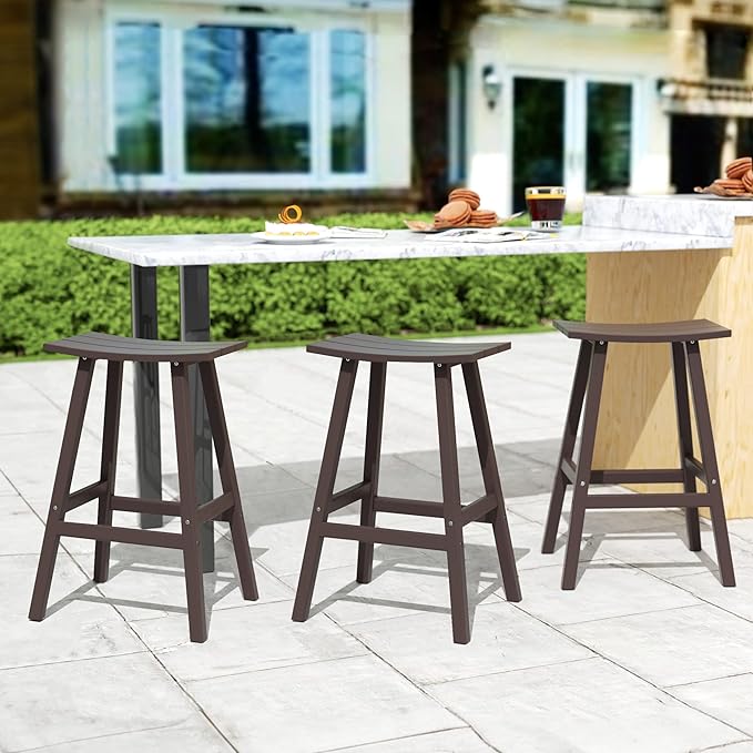 Costaelm All-Weather Bar Stools Set of 3, 29" Height Outdoor Bar Stools, Adirondack Poly Patio Bar Stool for Patio, Deck, Kitchen Counter and Garden, Dark Brown