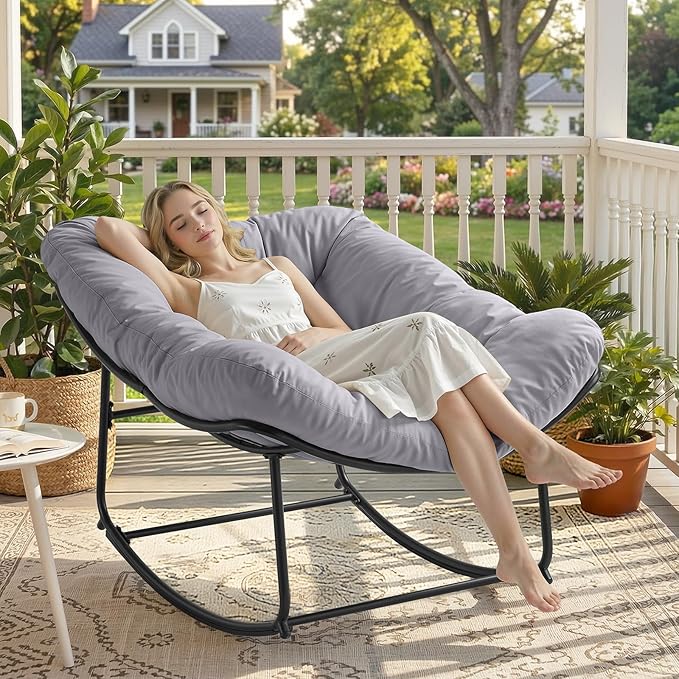 ONBRILL Papasan Rocking Chair with Cushion, Oversized Patio Lounge Rocker, Egg Chair Outdoor Indoor, for Living Room - Photo 3