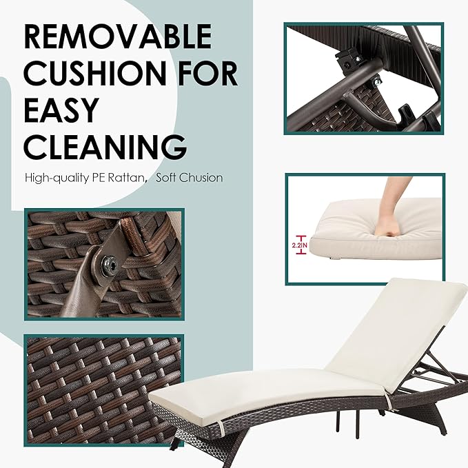 Pamapic Patio Chaise Lounge Set 1 Piece, Patio Lounge Chair with Adjustable Backrest and Removable Cushion, Outdoor Pool Lounge Chair Set for Patio Poolside Backyard Porch