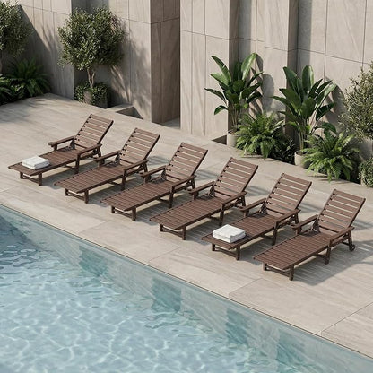 5-Position Adjustable Lounge Chair Outdoor Set of 6, HDPE Outdoor Chaise Lounge with Cup Holder & Wheels, Pool Lounge Chairs for Poolside, Beach, Deck, Brown