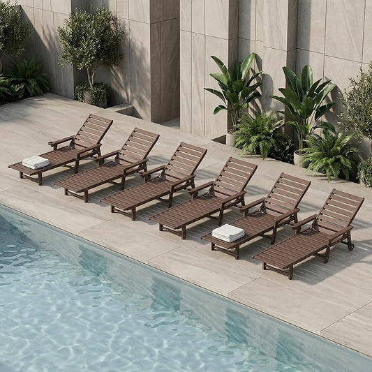 5-Position Adjustable Lounge Chair Outdoor Set of 6, HDPE Outdoor Chaise Lounge with Cup Holder & Wheels, Pool Lounge Chairs for Poolside, Beach, Deck, Brown