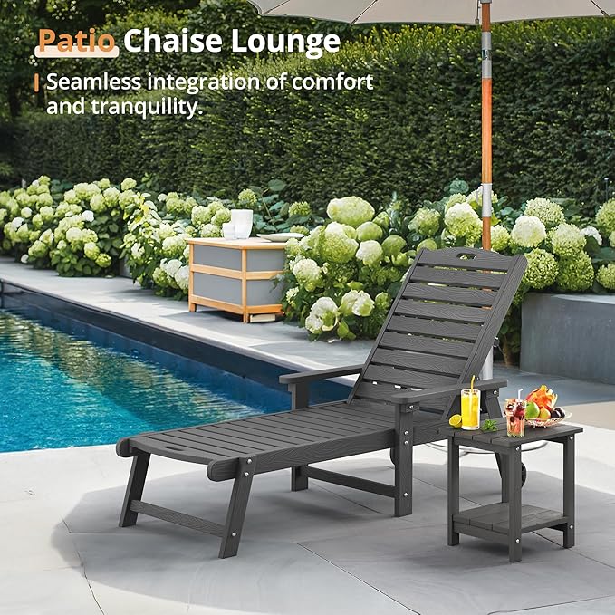 LUE BONA HDPS Chaise Lounge Chair Set of 2, Outdoor Pool Lounge Chairs with Adjustable Backrest, Resin Patio Lounge Chairs with Wheels for Outside, Dark Gray