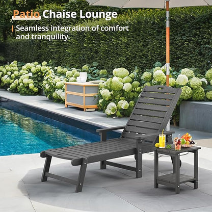 LUE BONA HDPS Chaise Lounge Chair Set of 2, Outdoor Pool Lounge Chairs with Adjustable Backrest, Resin Patio Lounge Chairs with Wheels for Outside, Dark Gray