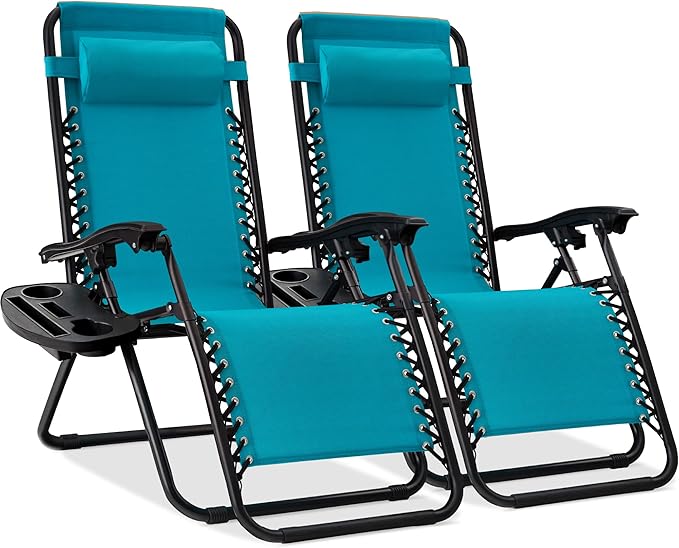 Best Choice Products Set of 2 Adjustable Steel Mesh Zero Gravity Lounge Chair Recliners w/Pillows and Cup Holder Trays - Photo 1