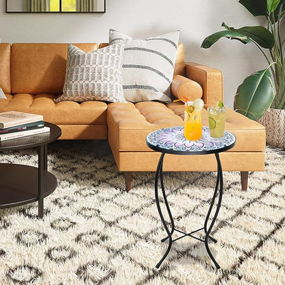 MUMTOP Side Patio Tables-Mosaic Outdoor Side Table - 14’’ Flower Glass Accent Round EndTable, Plant Stand Indoor Small CoffeeTable for Garden or Living Room Decor