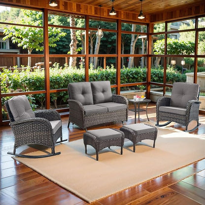 Belord Outdoor Glider Bench Patio Loveseat - 500 Lbs Weight Capacity 2 Seater Wicker Sofa, Small Porch Glider Furniture All Weather Rattan Couch with Removble Cushion for Balcony Deck Backyard, Brown
