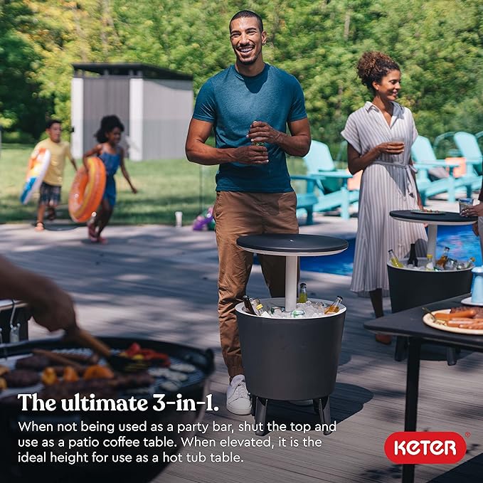 Keter Modern Cool Bar Outdoor Patio Furniture and Hot Tub Side Table with 7.5 Gallon Beer and Wine Cooler, Dark Grey
