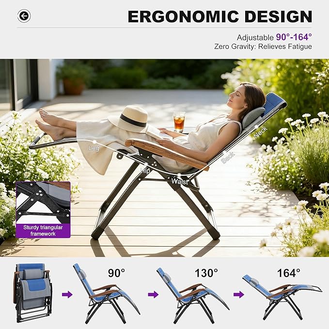 PURPLE LEAF Extra Wide Outdoor Reclining Chair Set of 2 Patio Zero Gravity Chaise Lounge Folding Chair with Quilted Cushion Adjustable Headrest for Lawn Camping Beach Pool Grey and Navy Blue