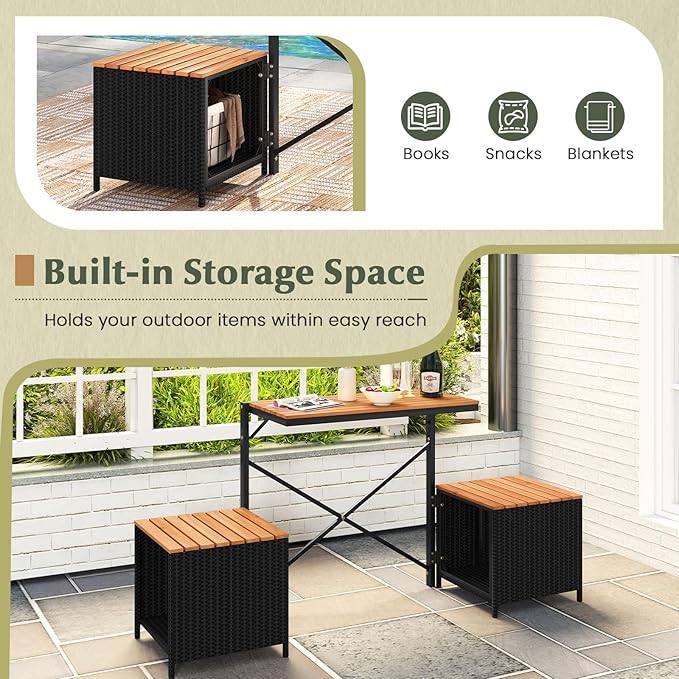 Tangkula 2-in-1 Outdoor Convertible Bench, Transforming Interchangeable Picnic Table Garden Loveseat with Metal Frame, PE Rattan Acacia Wood Foldable Table and Chairs Set for Porch, Backyard & Deck