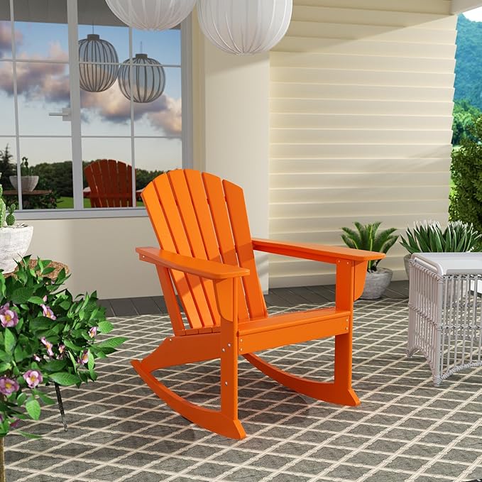 Costaelm Outdoor Adirondack Chair, All Weather Resistant Lawn Chairs Balcony Chair and Fire Pit Chairs, Deck Chairs Outdoor Porch Rocking Chair High Back HDPE Poly Lumber, Orange