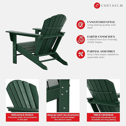 Costaelm Outdoor Adirondack Chair, HDPE Patio Chair, Weather Resistant Lawn Firepit Outside Chairs for Porch, Poolside, Garden, Backyard Deck, Dark Green