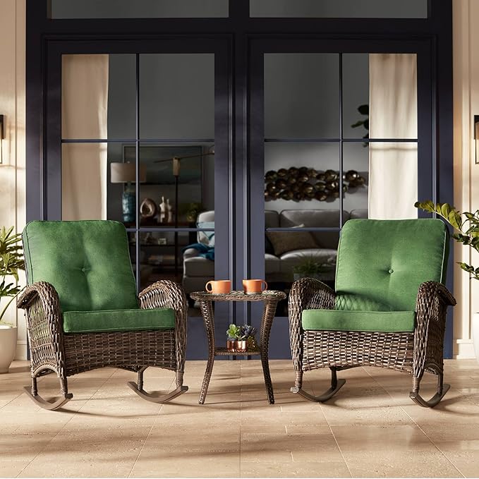 Teal Island Designs Madden 3-Piece Rattan Outdoor Green Rocking Chair Set with Occasional Table - Photo 1