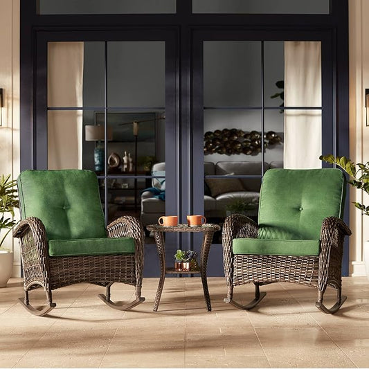 Teal Island Designs Madden 3-Piece Rattan Outdoor Green Rocking Chair Set with Occasional Table