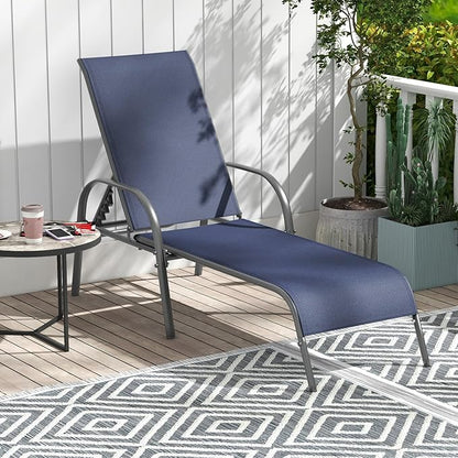 Giantex Patio Lounge Chair, Outdoor Chaise Lounge with 5 Adjustable Backrest, Sturdy Steel Frame, Sunbathing Recliner, Tanning Chair for Beach, Outside, Yard, Balcony, Pool Chairs, Navy