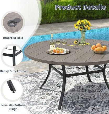 VICLLAX 50" Outdoor Round Patio Dining Table for 4-6, All Weather Metal Dining Table with Umbrella Hole for Deck Lawn Garden Backyard, Grey