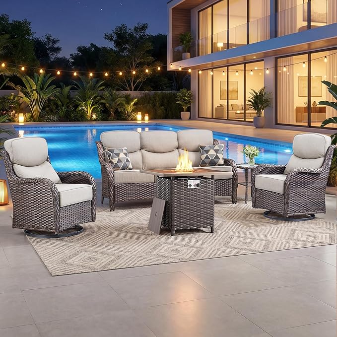 Luxury Patio Furniture Set with 6-inch Thick Cushion, Outdoor Furniture with Fire Pit Table, Swivel Chairs, Side Table - Photo 1
