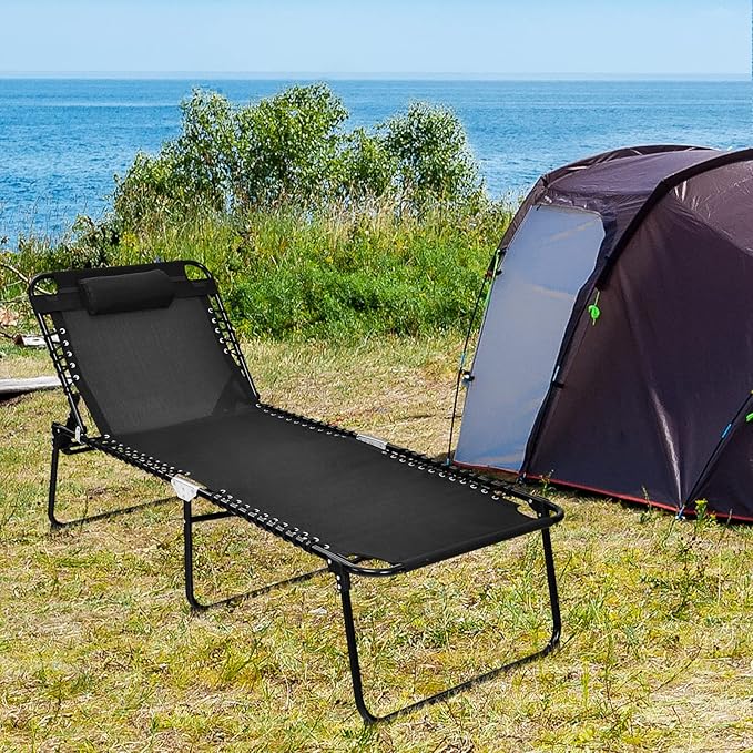 Tangkula Widen Folding Chaise Lounge Chair, Portable Camping Recline Chair w/4 Backrest Positions, 2 Leg Positions, Pillow, Sunbathing Beach Chair for Outdoor, Lawn, Patio, Support 400lbs (1, Black)