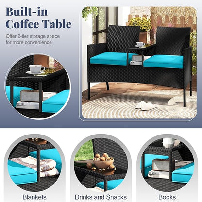 HAPPYGRILL Outdoor Rattan Loveseat, 2-Seat Patio Conversation Set with Built-in Coffee Table, Cushions, Wicker Bench Furniture for Backyard, Garden, Balcony, Porch (Turquoise)
