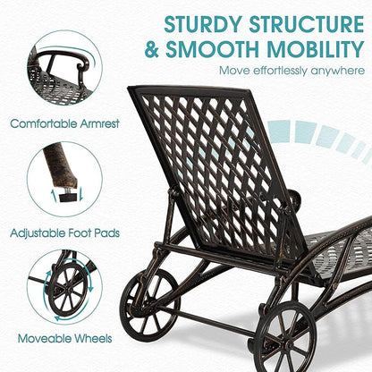 HOMEFUN Chaise Lounge Chair Outdoor, Poolside Lounger Outside Cast Aluminum Tanning Chairs with Adjustable Backrest and Moveable Wheels, Bronze