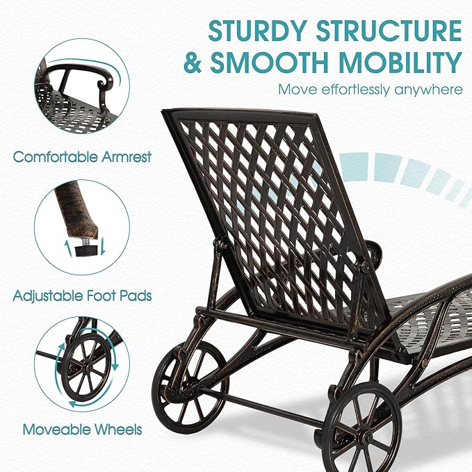HOMEFUN Chaise Lounge Chair Outdoor, Poolside Lounger Set of 2 and 1 End Table - Cast Aluminum Tanning Chairs with Adjustable Backrest and Moveable Wheels, Bronze