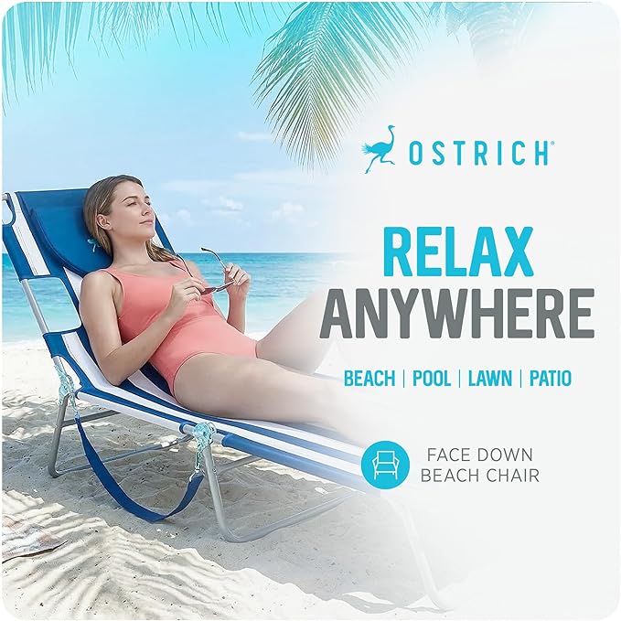 Ostrich Beach Lounge Chair, Folding & Reclining Outdoor Chaise Lounger, Blue/White Striped - Portable Adjustable Recliner Chair for Lawn, Pool, Patio, Garden, and Yard