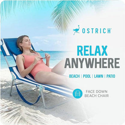 Ostrich Beach Lounge Chair, Folding & Reclining Outdoor Chaise Lounger, Blue/White Striped - Portable Adjustable Recliner Chair for Lawn, Pool, Patio, Garden, and Yard
