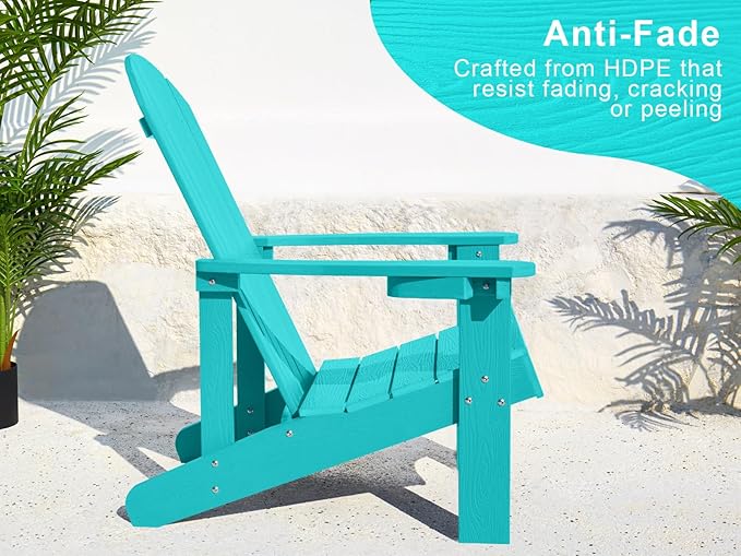 Y&M Adirondack Chair Set of 2, Aruba Blue Fire Pit Chairs, Outdoor Patio Chairs with Cup Holder, Weather Resistant HDPE Wooden Textured Patio Chairs, Perfect for Garden, Lawn, Deck, or Poolside