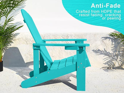 Y&M Adirondack Chair Set of 2, Aruba Blue Fire Pit Chairs, Outdoor Patio Chairs with Cup Holder, Weather Resistant HDPE Wooden Textured Patio Chairs, Perfect for Garden, Lawn, Deck, or Poolside